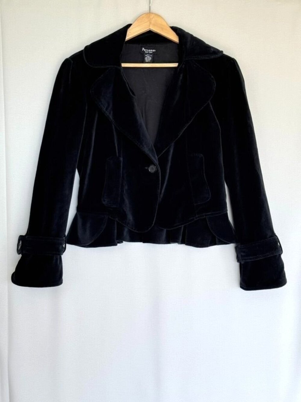 90s Vintage Persaman NY Black Cotton Crushed Velvet Ruffle‎ Peplum Blazer Large